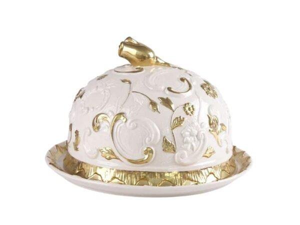 AVI-Taormina White & Gold Round Tray Dome Covered
