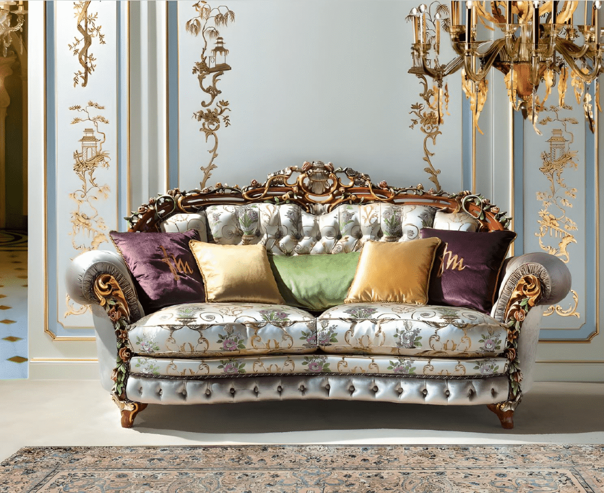 Italian 2-Seater Sofa with Hand-Carved Gold & Silver Leaf Detailing - Image 2