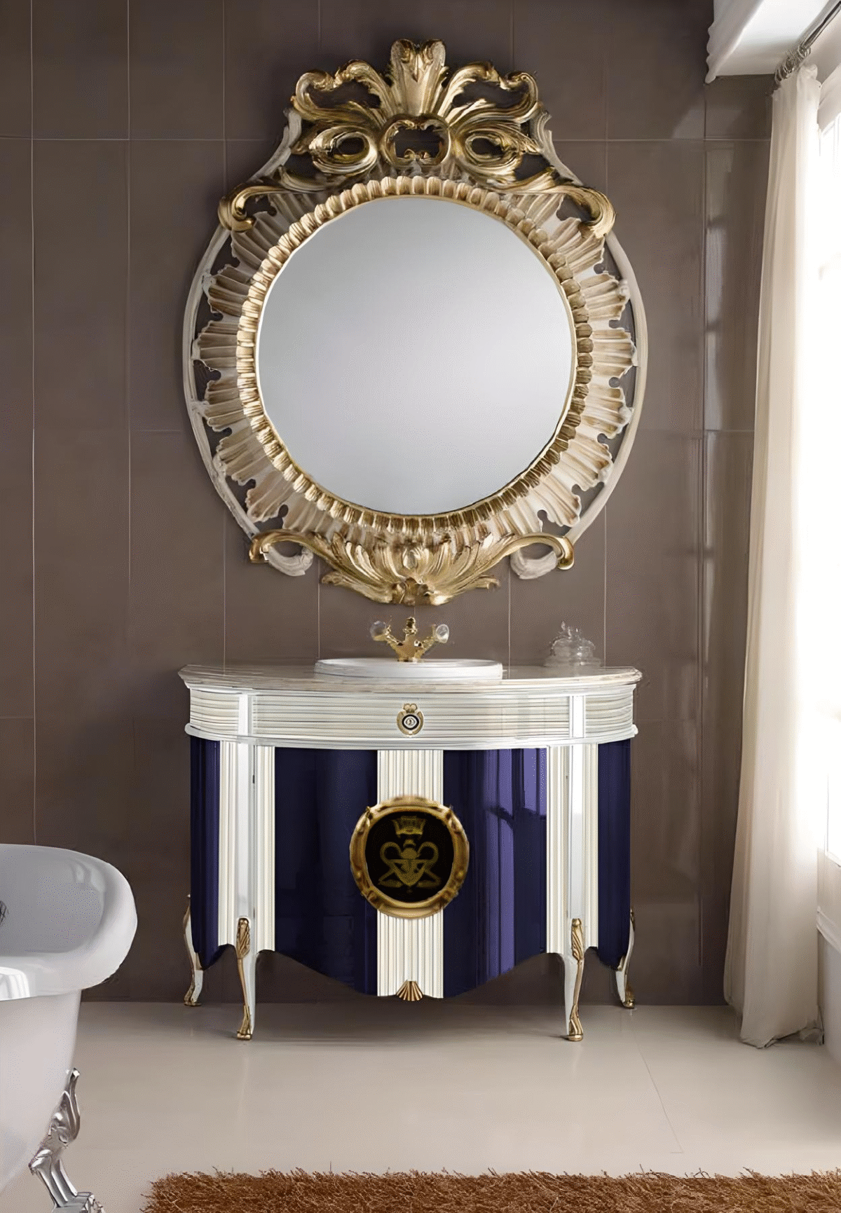 Cabinet Style Navy & White Spanish Bathroom Vanity with Mirror – Image 1