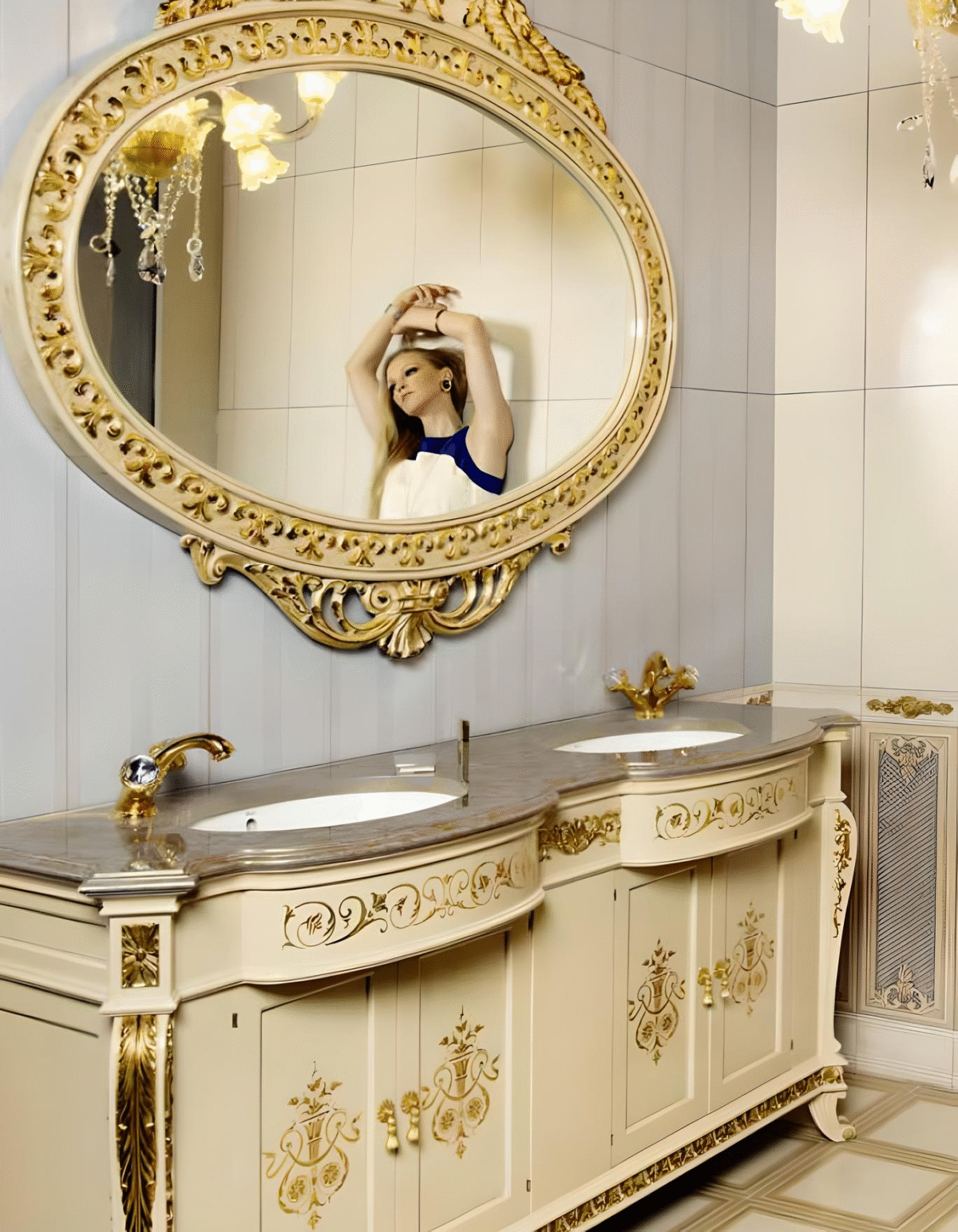 Palatial Double Sink Ivory & Gold Spanish Bathroom Vanity with Oval Mirror – Image 1