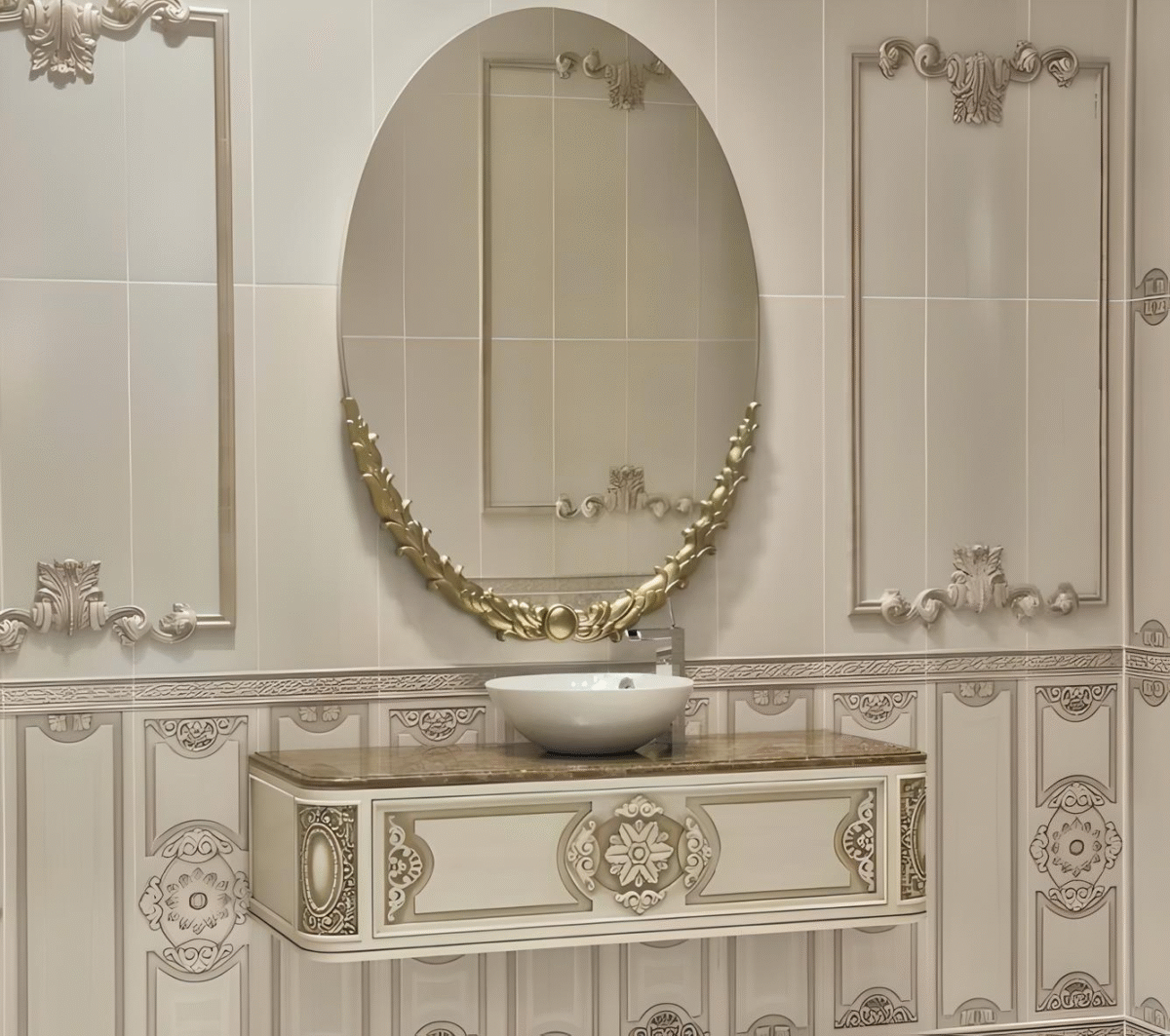 Neoclassical Ivory Spanish Bathroom Vanity with Oval Laurel Mirror – Image 1