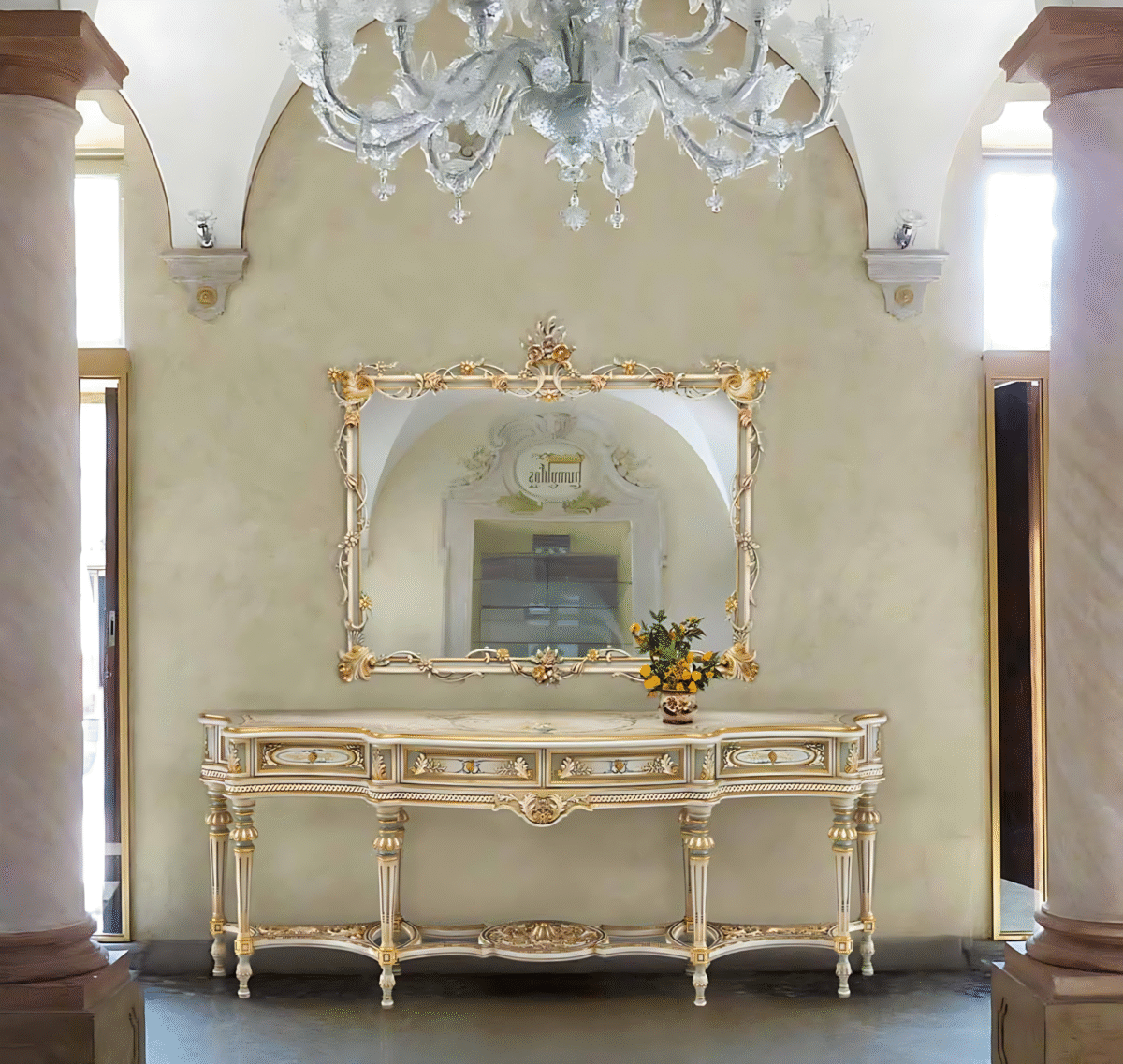 Italian Neoclassical Console Table - Craquelé Ivory & Blue with Gold Accents - Image 1