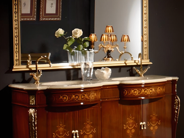 Imperial Walnut Double Sink Spanish Bathroom Vanity with Gold Marquetry