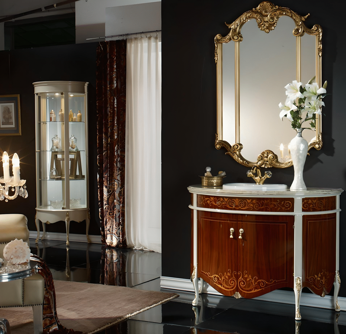 Walnut & Ivory Spanish Bathroom Vanity with Gold Triptych Mirror – Image 1