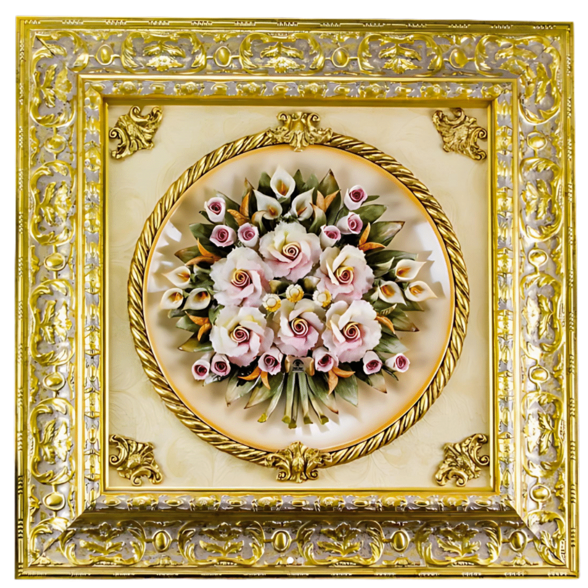 Pink Rose Bouquet - Plate , Gold Frame - Image 1