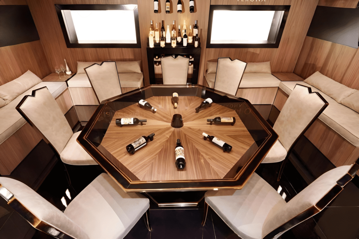 Octagonal Italian Wine Tasting Table in Nero Spigolato with Glass Top – Image 1