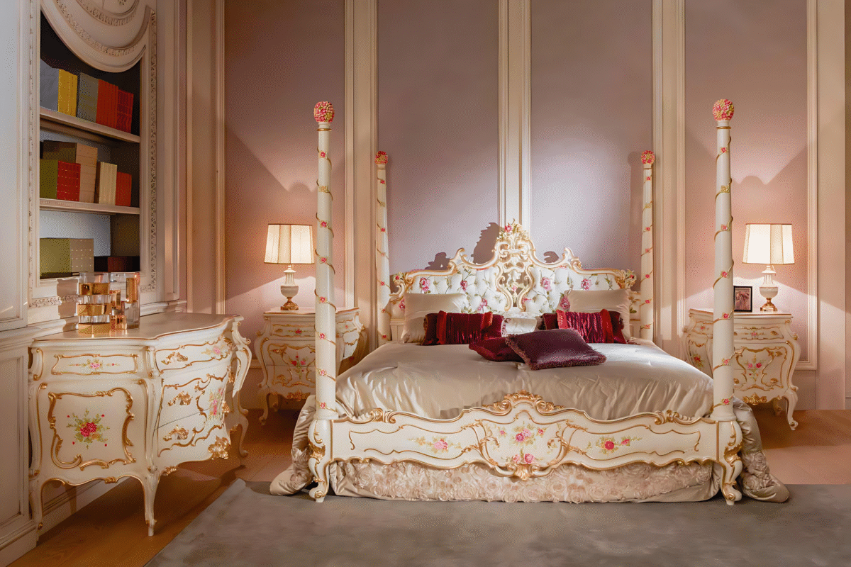 Red Rose Hand-Painted Bed (Ivory/Gold) – Image 1